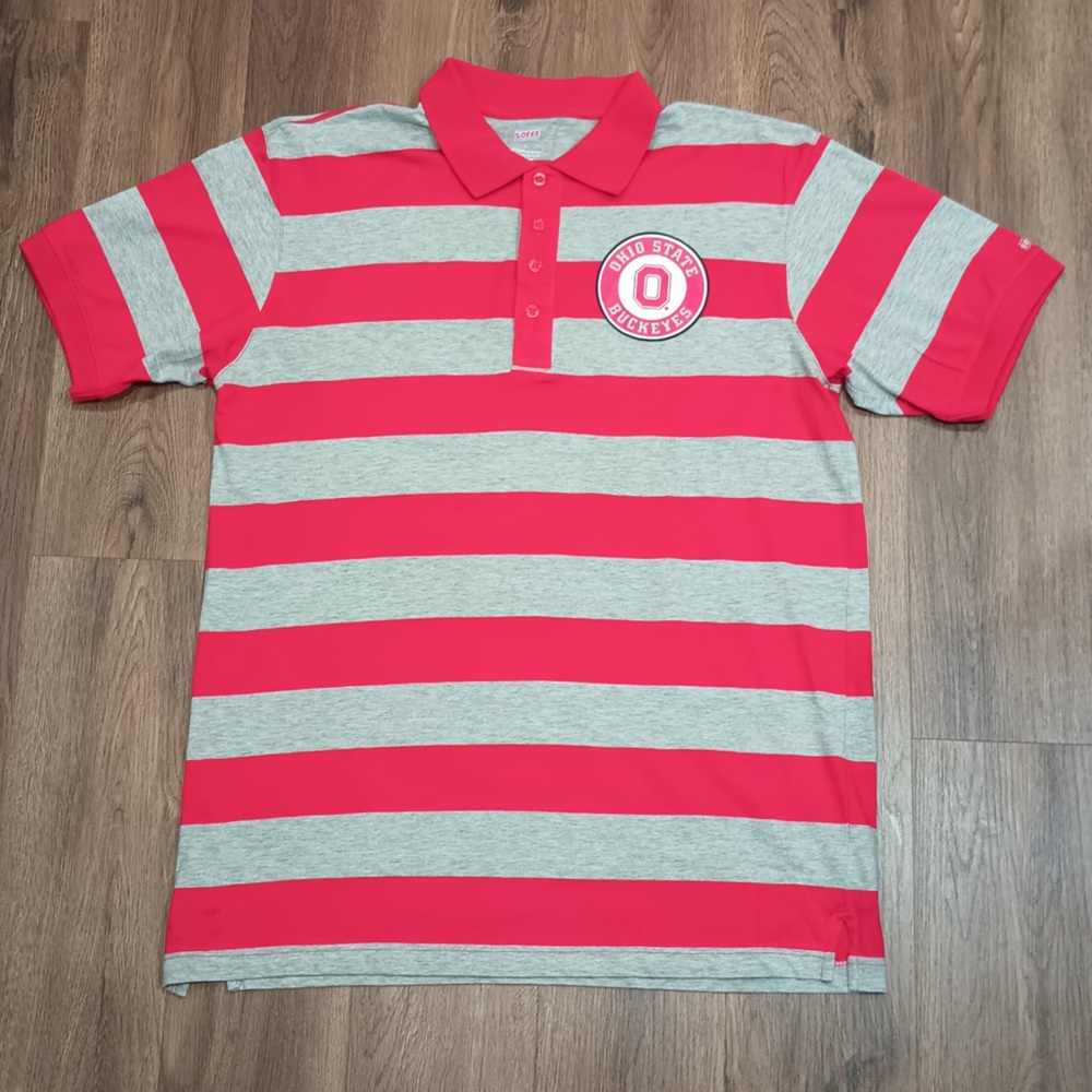 Soffe L Ohio State Buckeye Red & Gray Striped short sleeve  Polo Shirt A-155